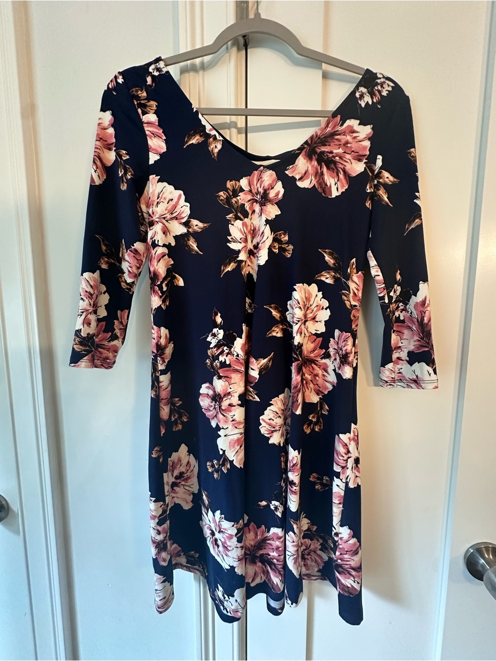 BCX Navy Floral Swing Dress with Pink Blooms